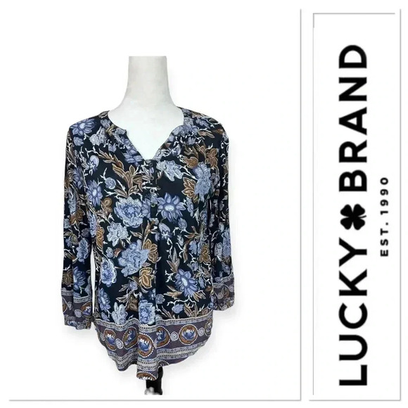 Lucky Brand top-black background with blue and brown floral print size Medium - Picture 1 of 10